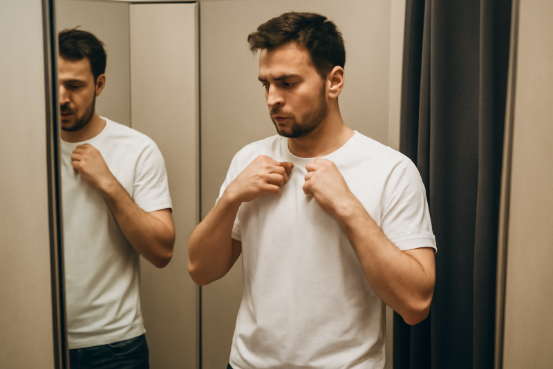 homme essayant un t-shirt basique en cabine