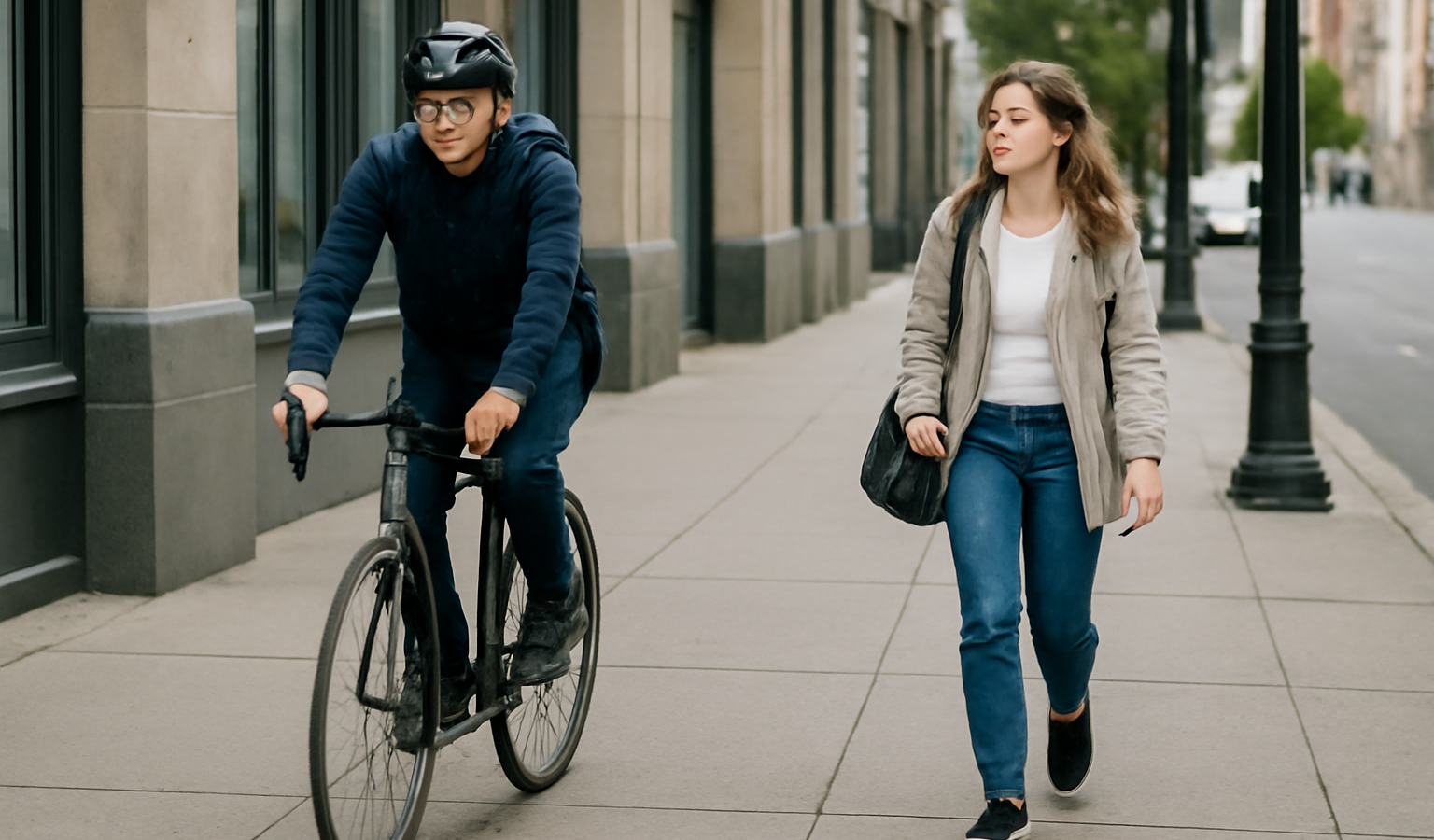 cycliste et pieton partageant trottoir urbain
