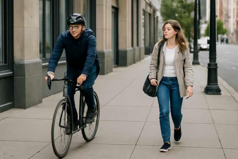 cycliste et pieton partageant trottoir urbain
