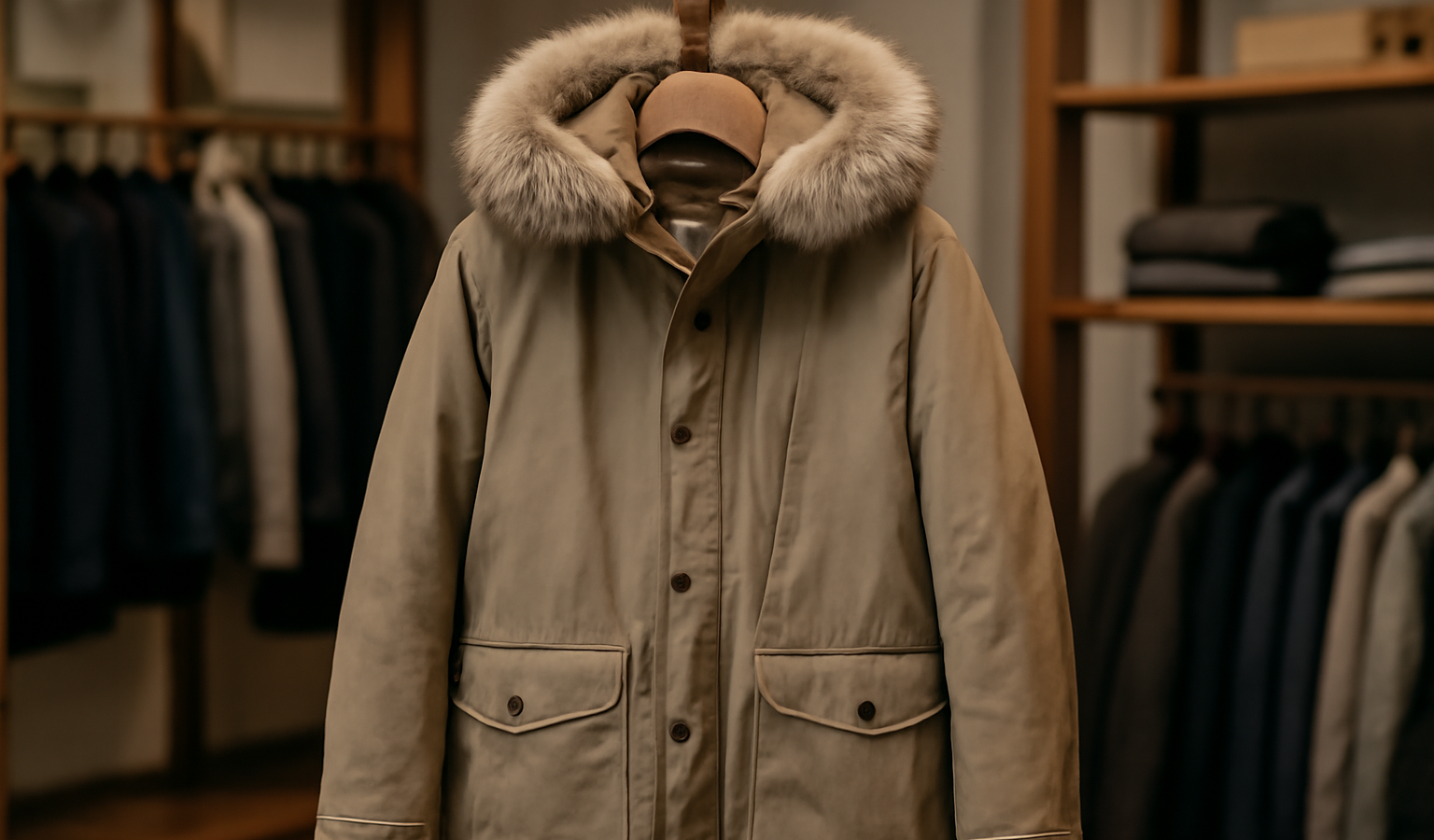 parka posée sur porte manteau en boutique