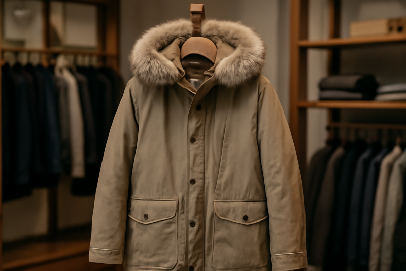 parka posée sur porte manteau en boutique