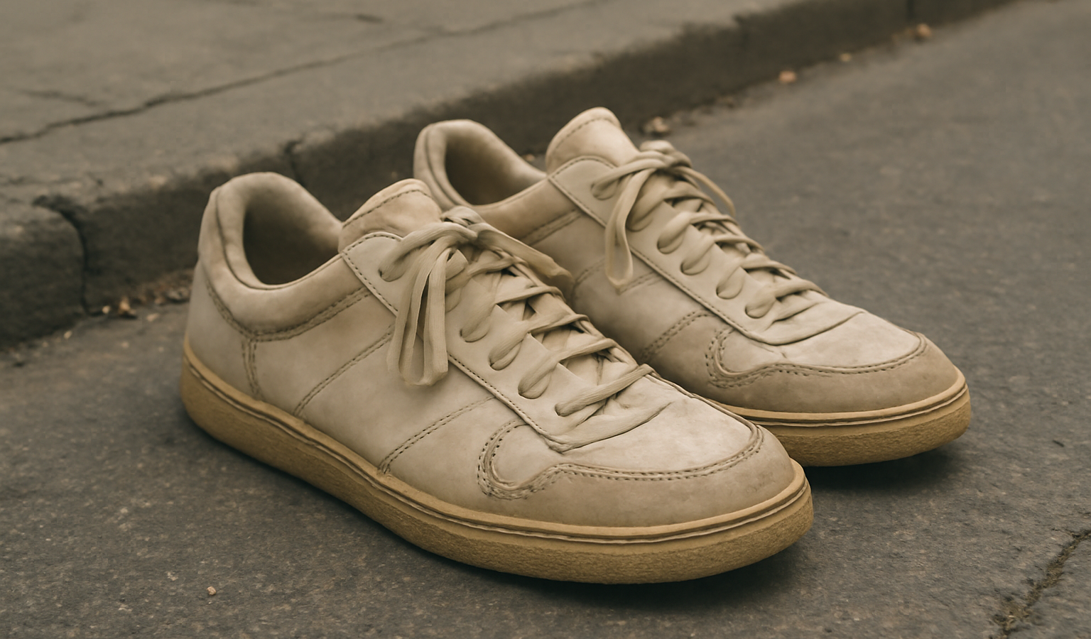 paire de baskets vintage posée sur un trottoir