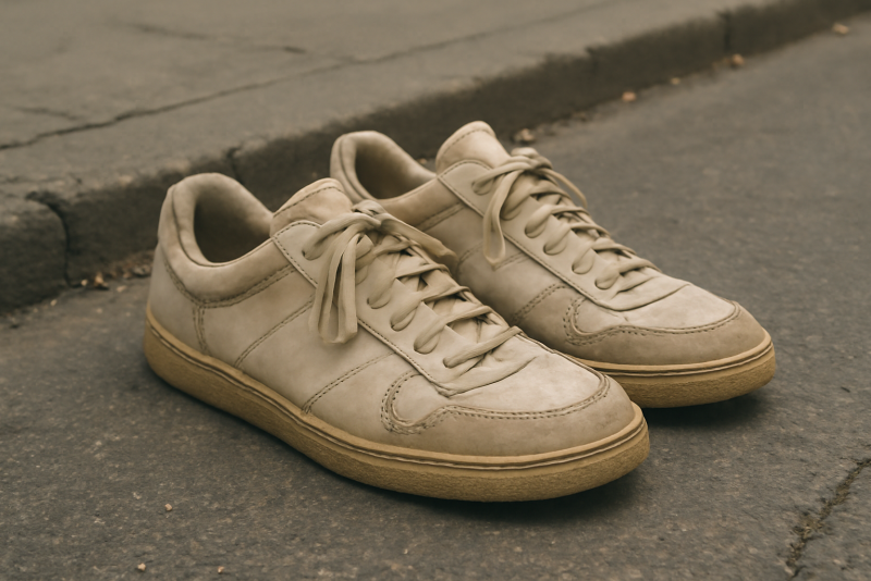 paire de baskets vintage posée sur un trottoir