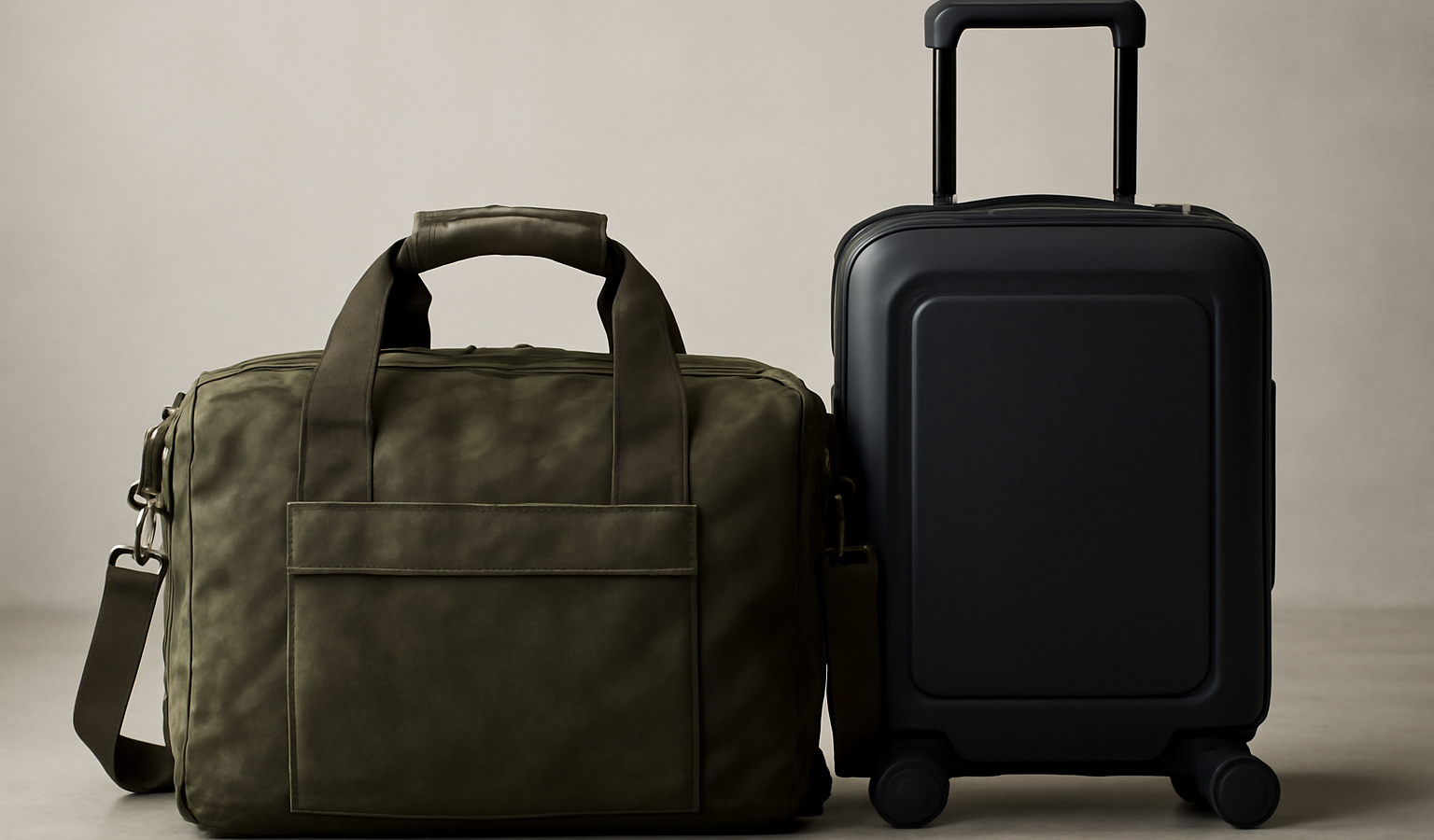 sac robuste posé près d'une valise compacte