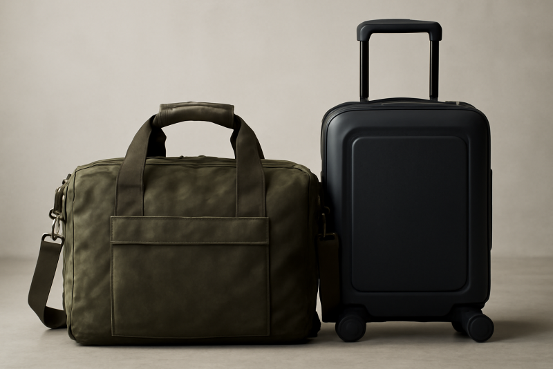 sac robuste posé près d'une valise compacte