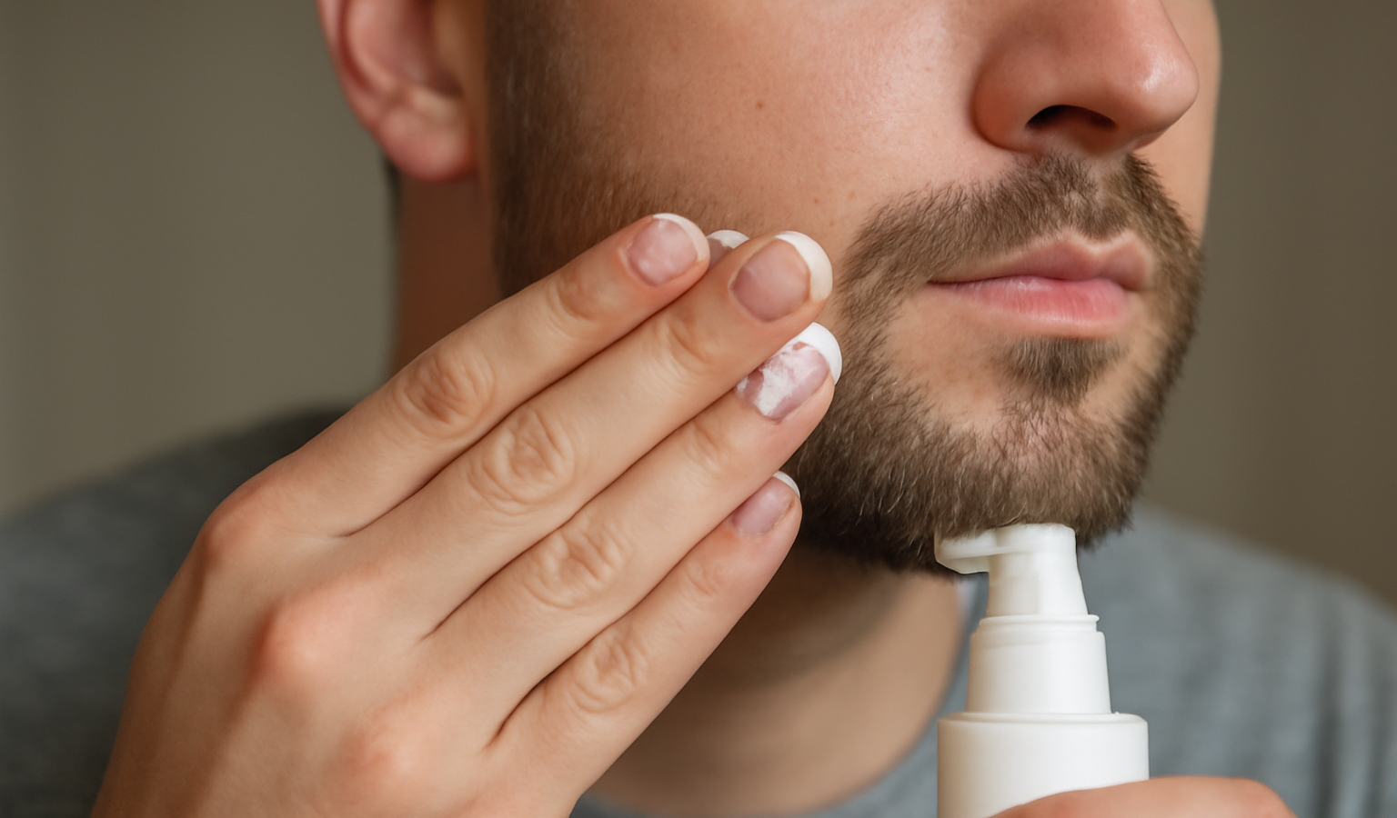mains appliquant lotion sur barbe courte