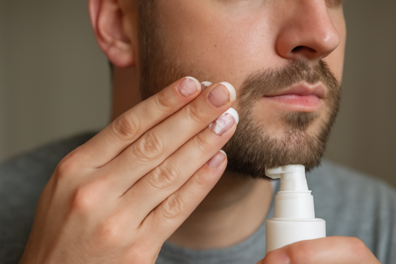 mains appliquant lotion sur barbe courte