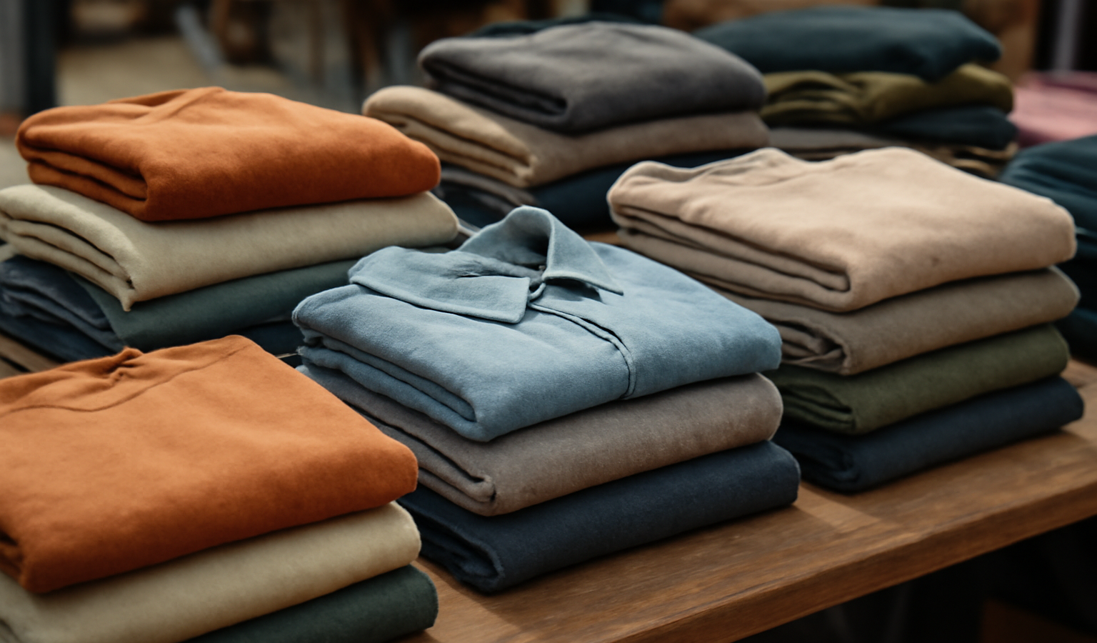 vetements plies sur table de marché