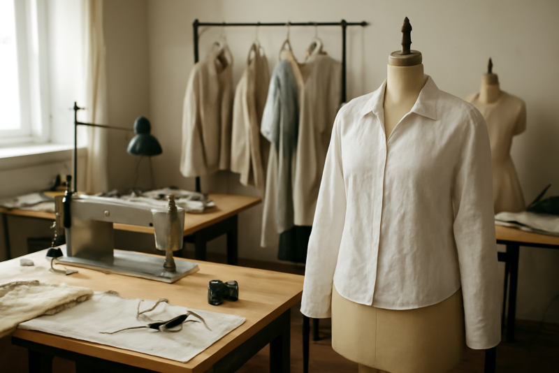 atelier couturier avec vêtements en cours