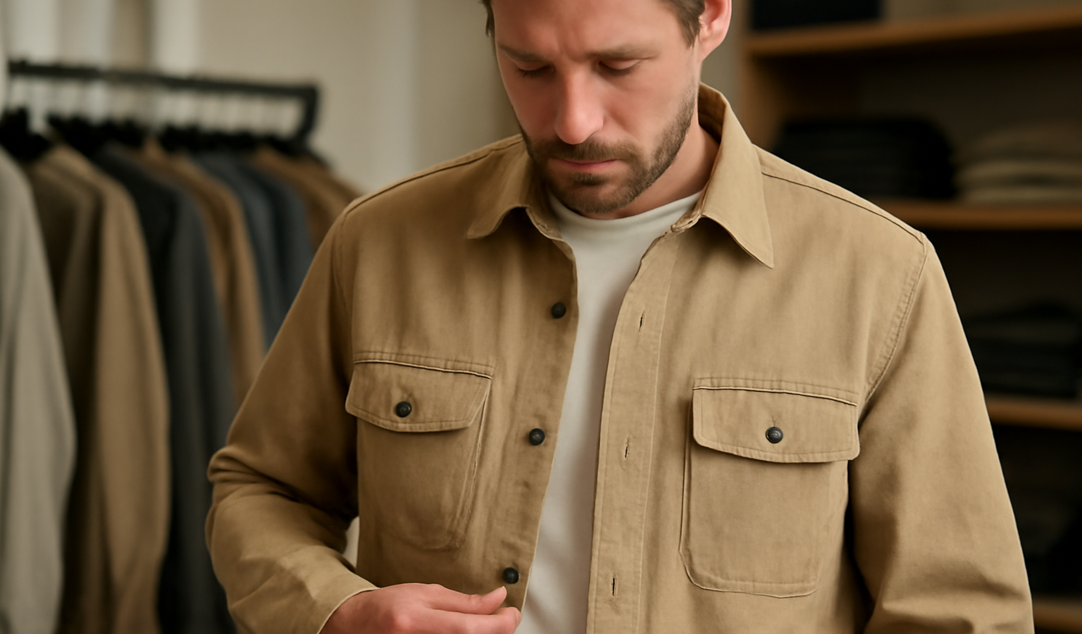 homme essayant une surchemise en toile