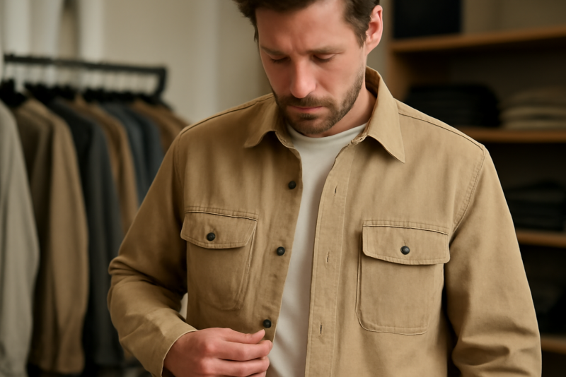 homme essayant une surchemise en toile