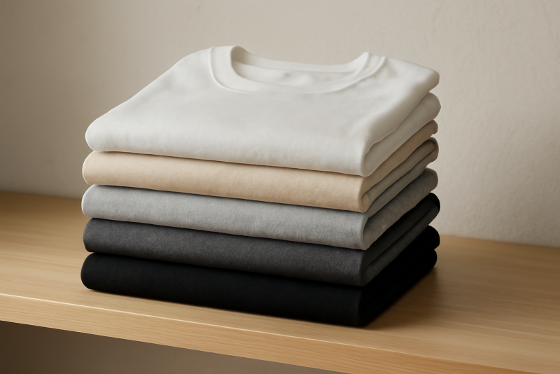 pile de tee-shirts basiques sur une étagère