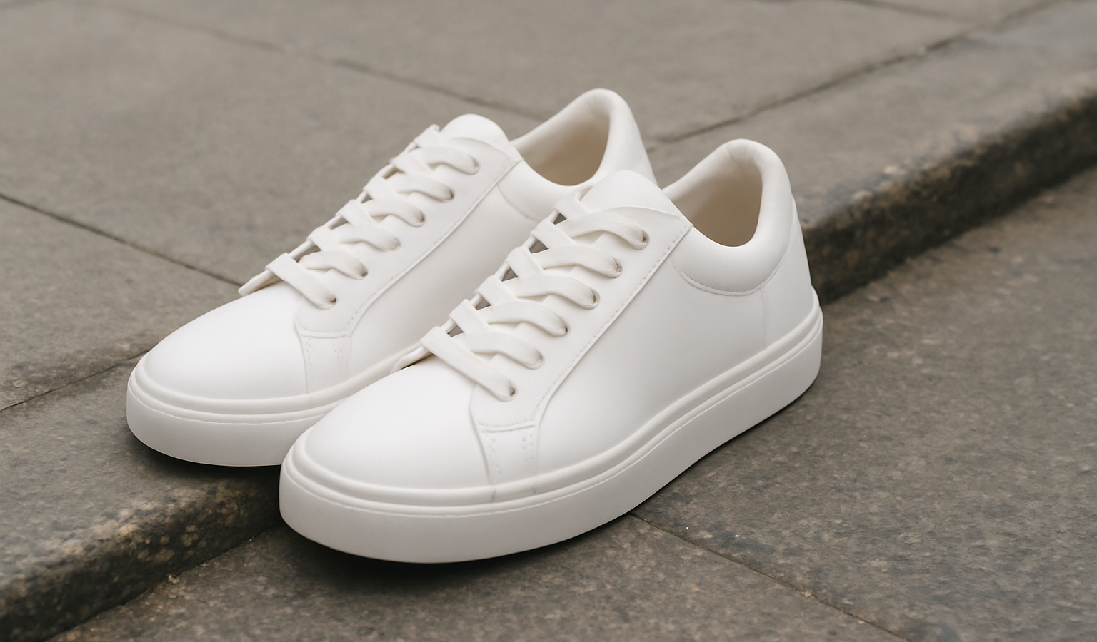 paire de baskets blanches pose sur trottoir