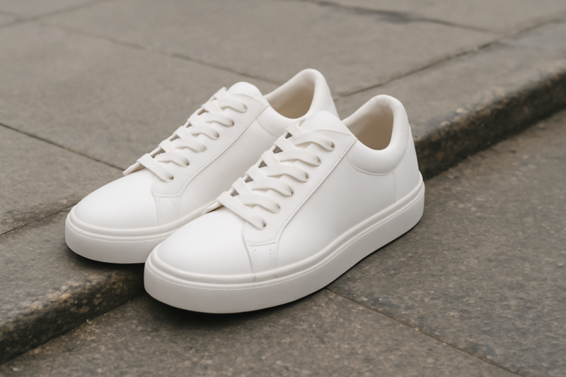 paire de baskets blanches pose sur trottoir