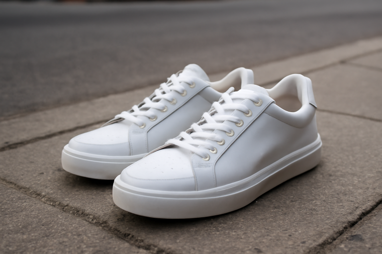 paire de sneakers blanches posée sur trottoir