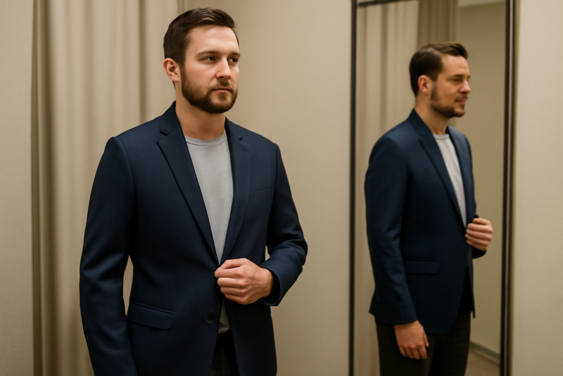 homme essayant un blazer structuré en cabine