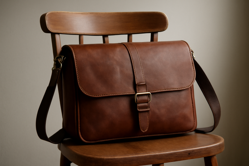 sac en cuir posé sur une chaise
