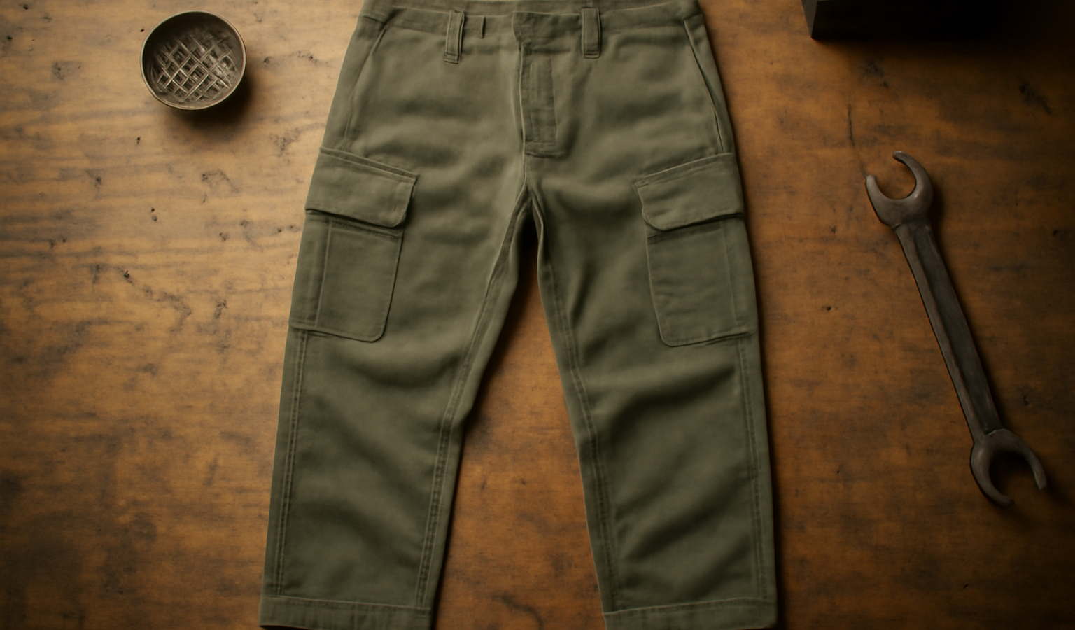 pantalon utilitaire posé sur table d'atelier