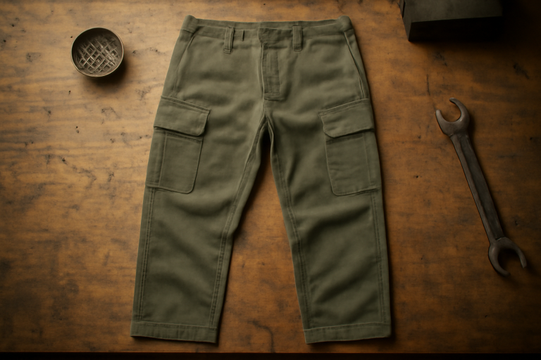pantalon utilitaire posé sur table d'atelier