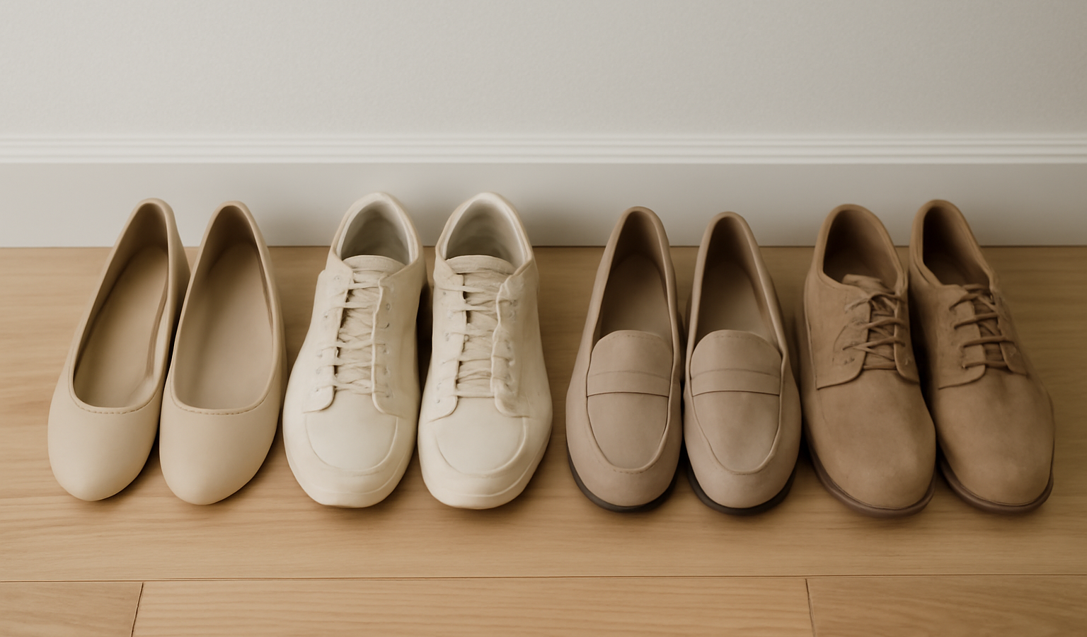paires de chaussures neutres alignées sur plancher