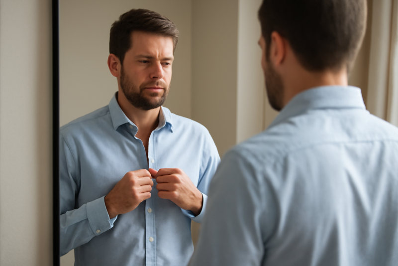 homme essayant une chemise devant miroir