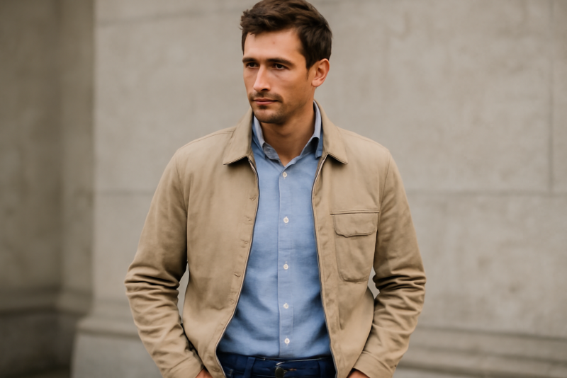 homme superposant chemise et veste légère
