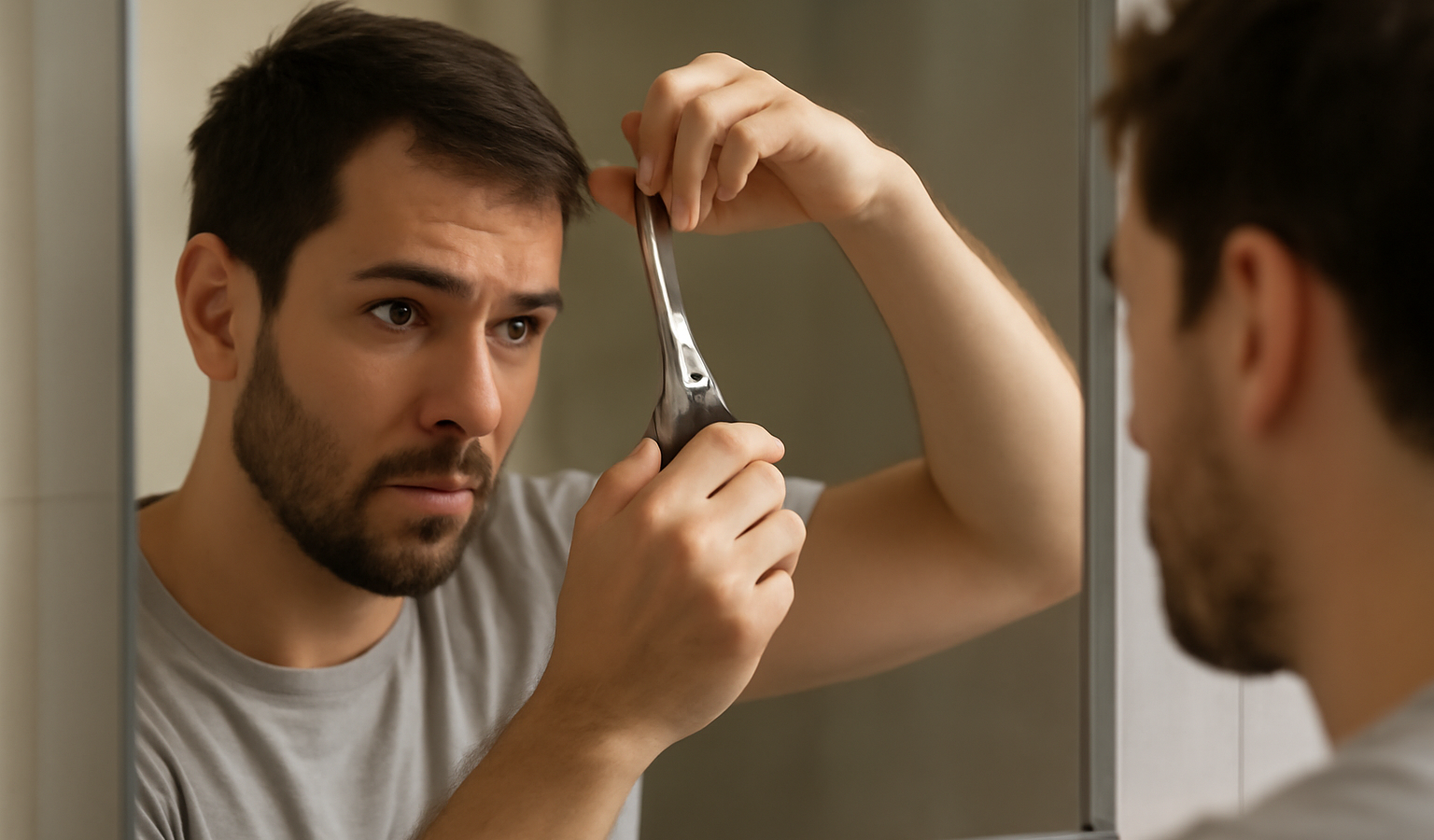 homme utilisant ciseaux près d'un miroir