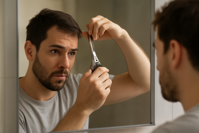 homme utilisant ciseaux près d'un miroir