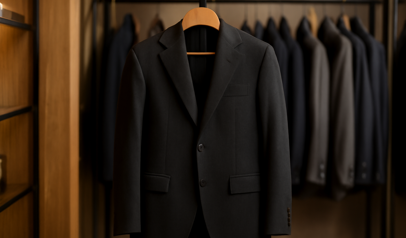 costume sombre suspendu dans une boutique