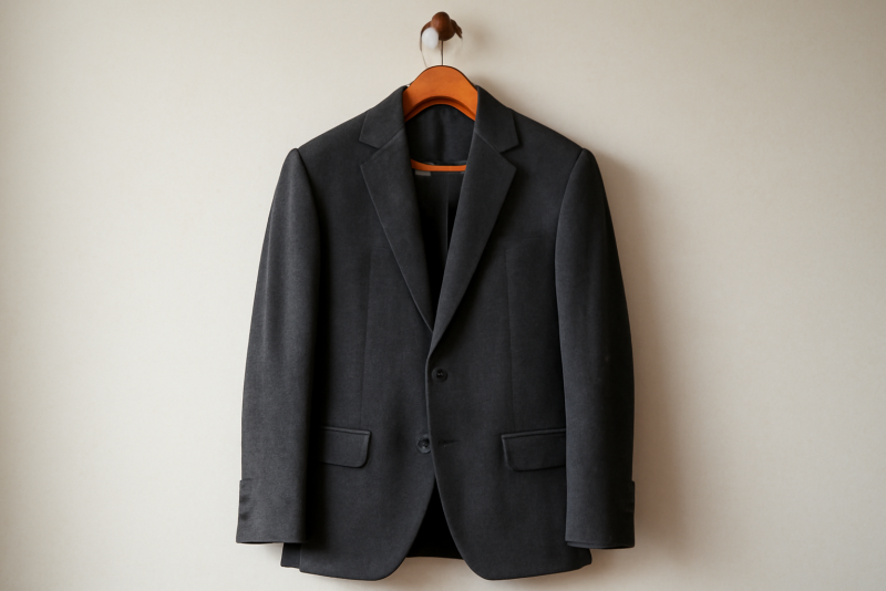 blazer suspendu sur porte manteau en bois