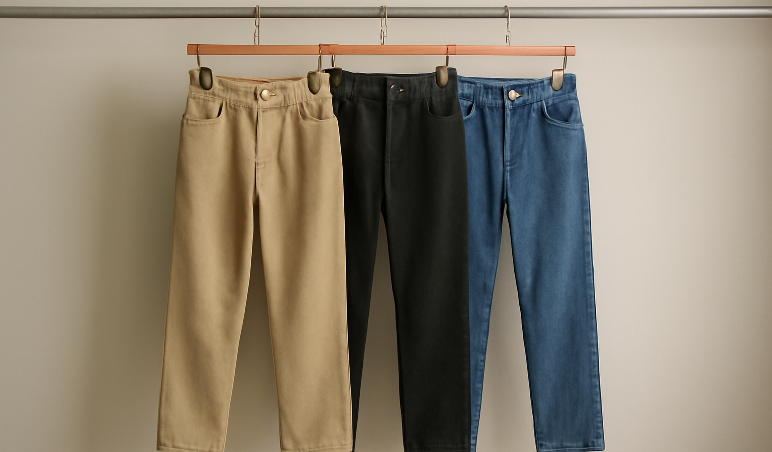 trois pantalons suspendus sur une tringle