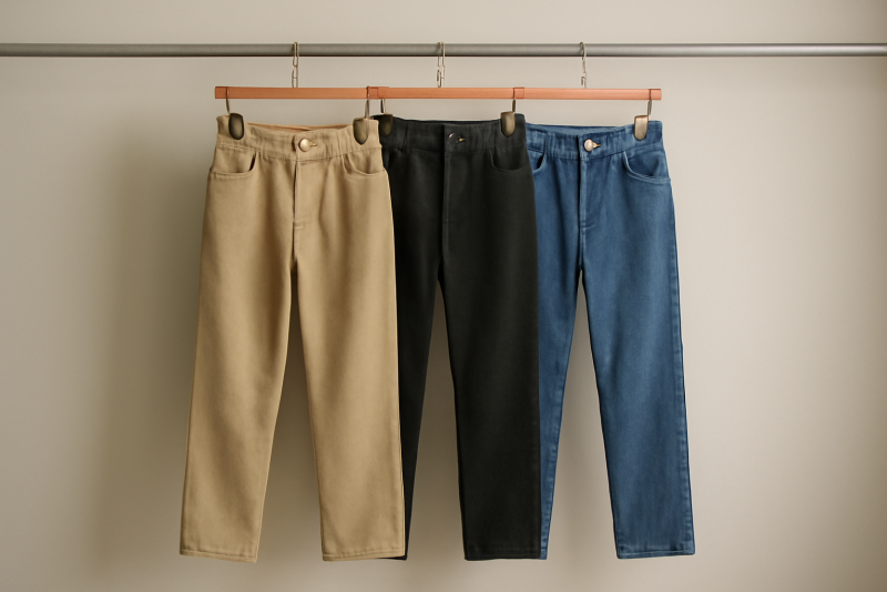 trois pantalons suspendus sur une tringle