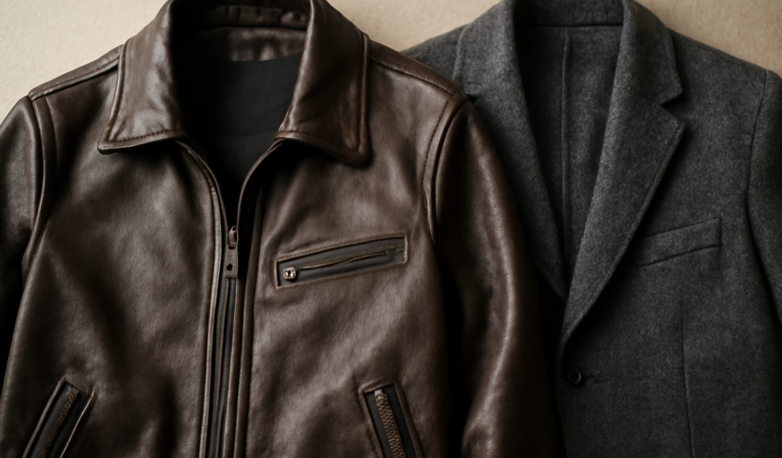 blouson en cuir posé près d'une veste en laine