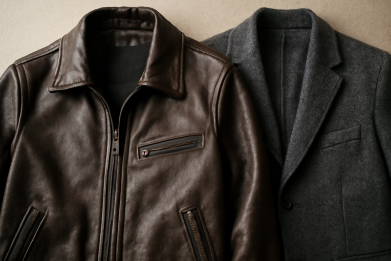 blouson en cuir posé près d'une veste en laine