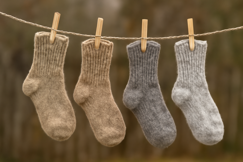 chaussettes en laine sèchant sur une corde