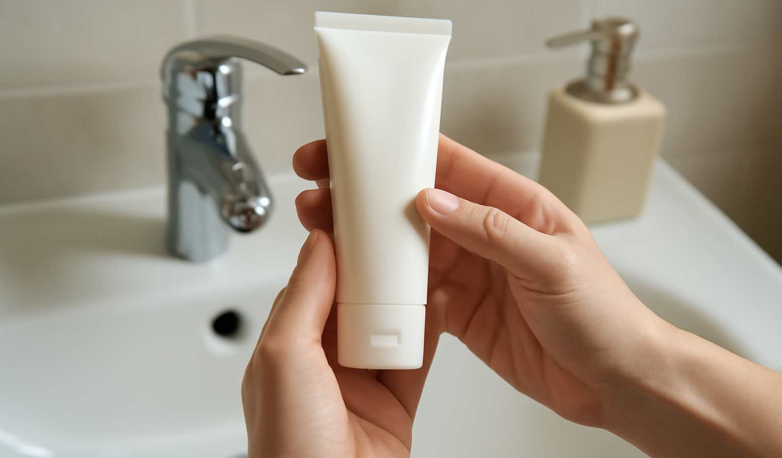 mains tenant un tube de soin sur lavabo