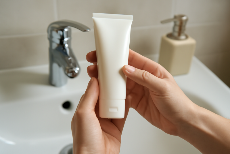 mains tenant un tube de soin sur lavabo