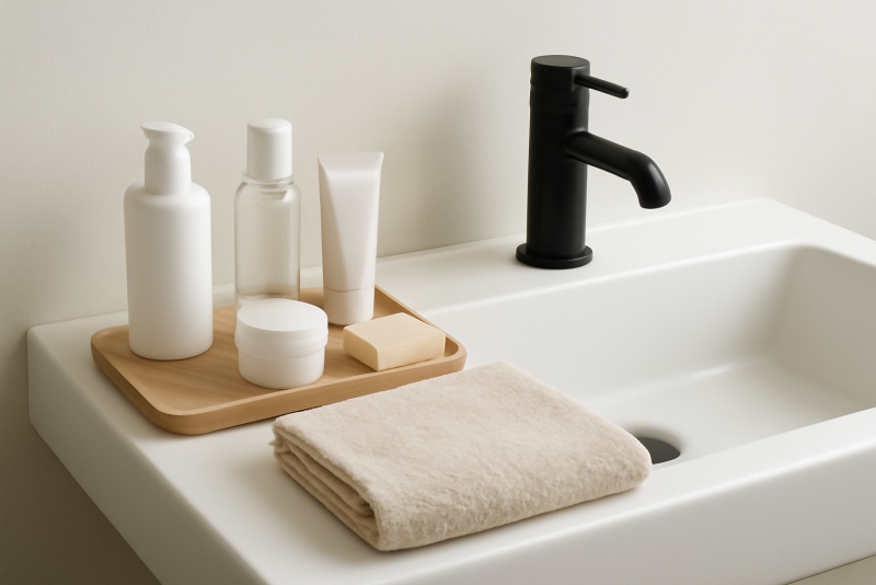 set de soin et serviette sur lavabo minimal