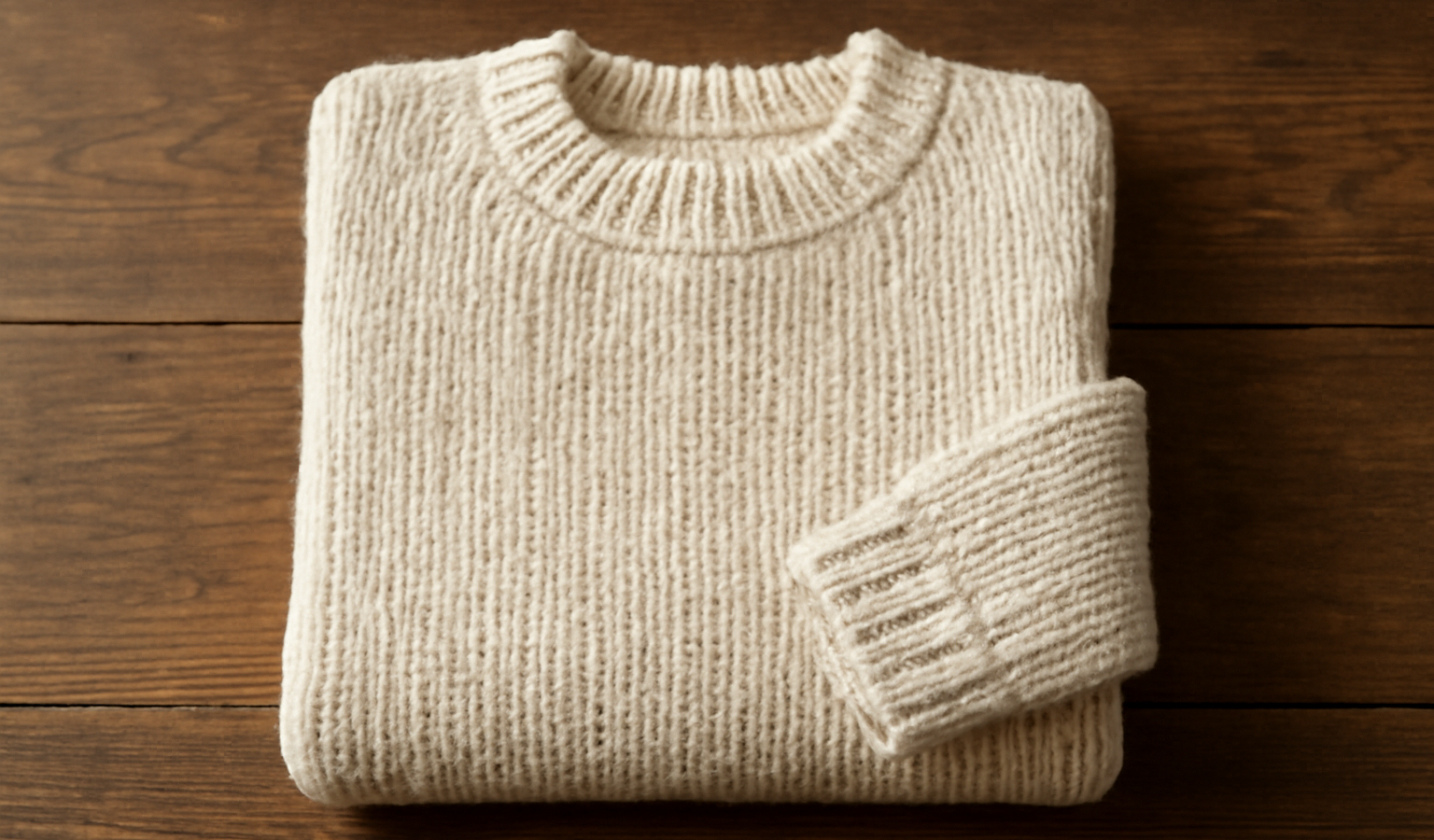 pull en maille pose sur table en bois