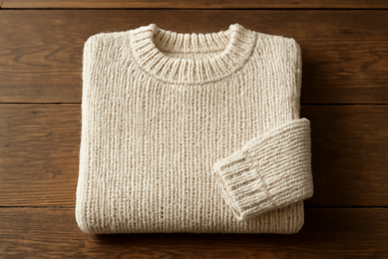 pull en maille pose sur table en bois