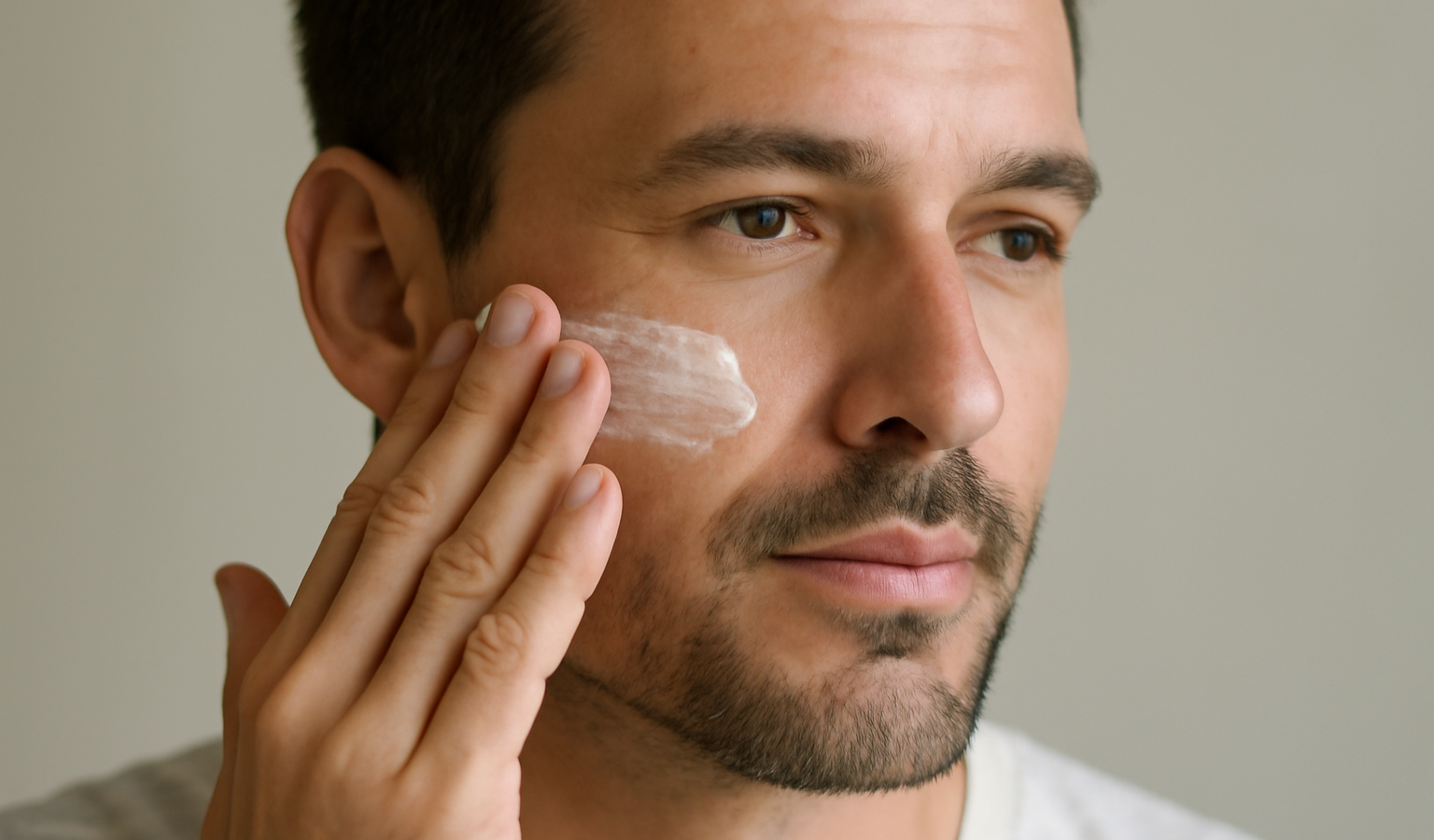 visage d'homme appliquant lotion légère