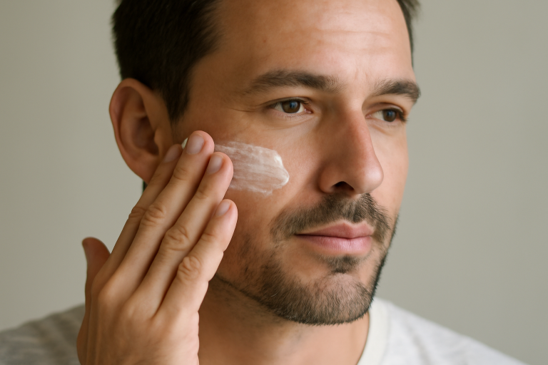 visage d'homme appliquant lotion légère