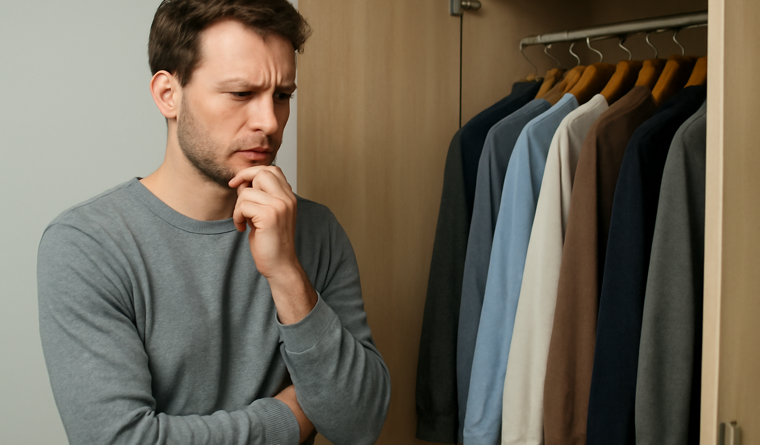 homme hésitant devant une garde-robe ouverte