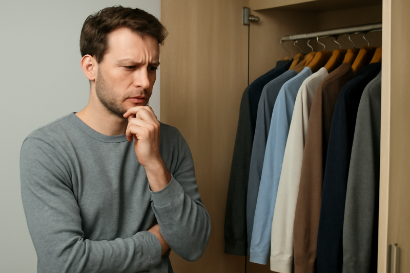homme hésitant devant une garde-robe ouverte
