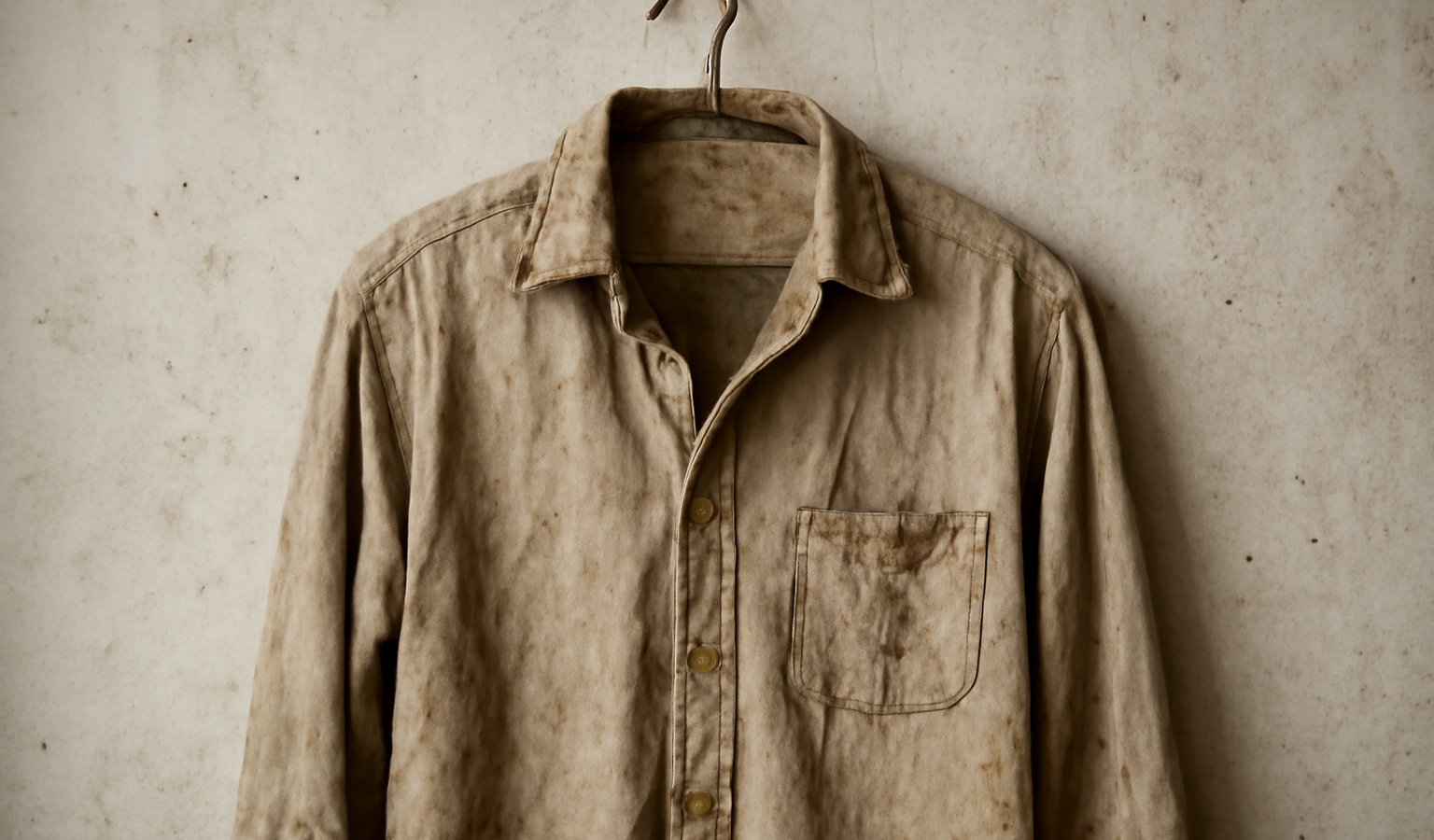 chemise usée posée sur un cintre abîmé