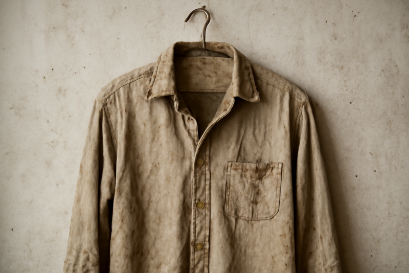 chemise usée posée sur un cintre abîmé