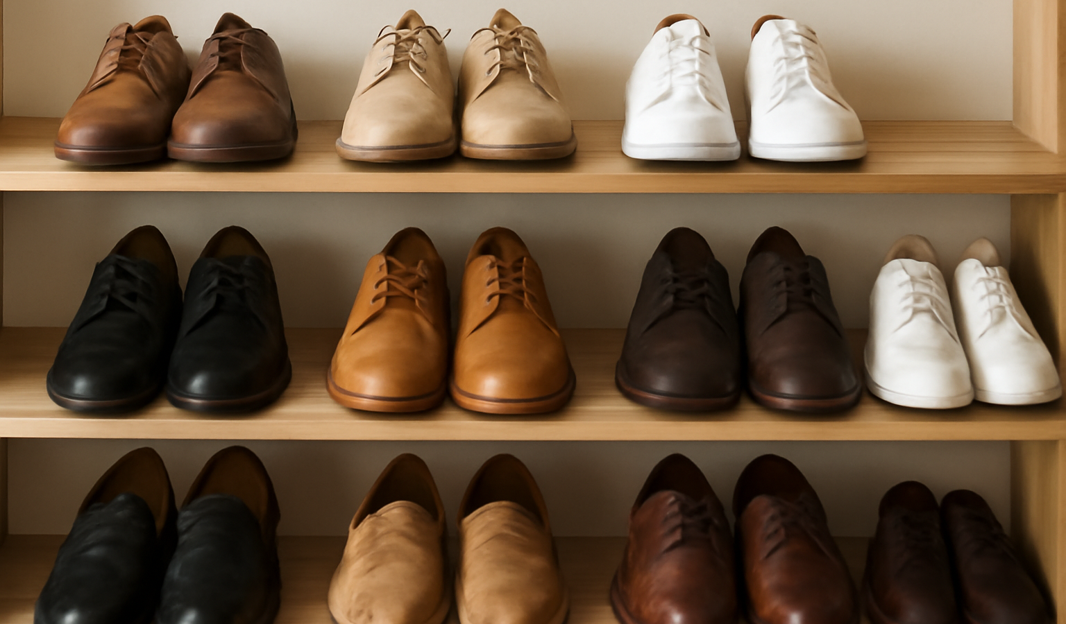 rangée de chaussures organisees sur etagere