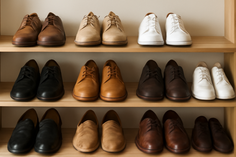rangée de chaussures organisees sur etagere