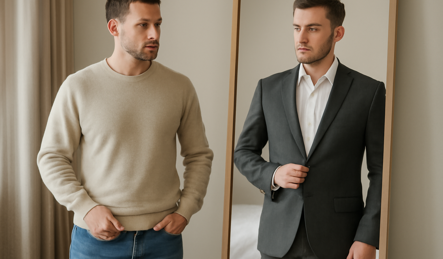 homme comparant tenues devant miroir