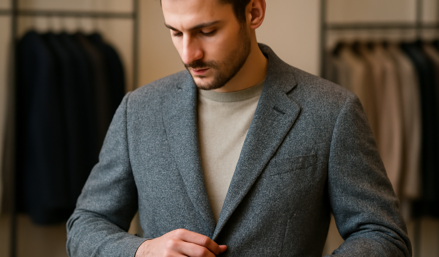 homme essayant une veste en tissu texturé